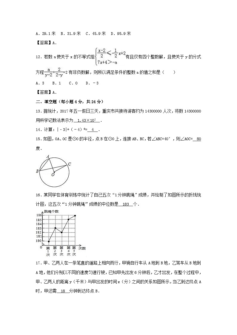 2017年重庆长寿中考数学真题及答案B卷03