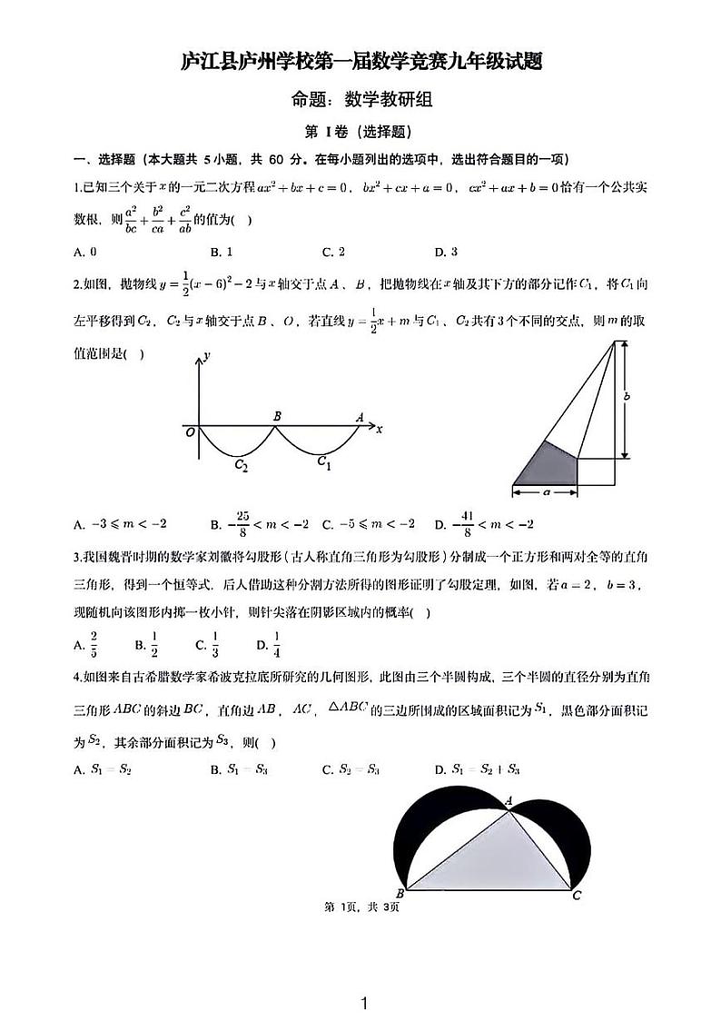 2023庐江县泸州学校第一届数学竞赛九年级数学试卷含答案第1页