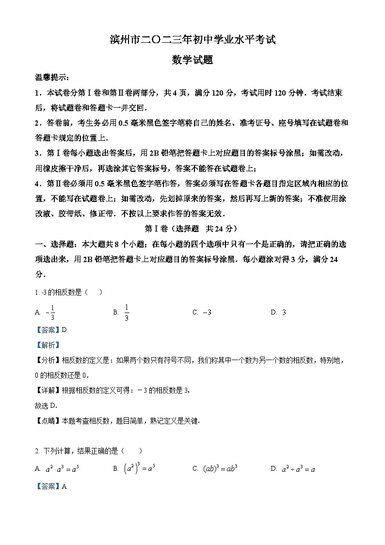 2023年山东省滨州市中考数学真题01