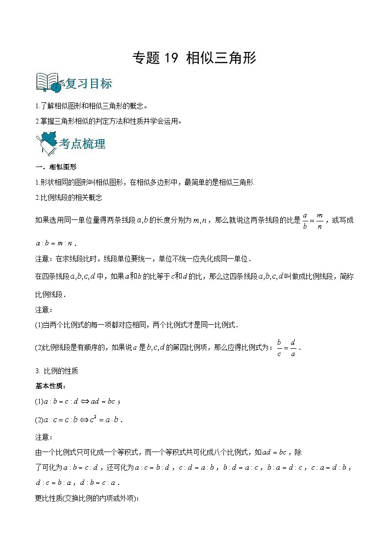 中考数学一轮复习专题19 相似三角形-知识点梳理讲义（教师版）第1页
