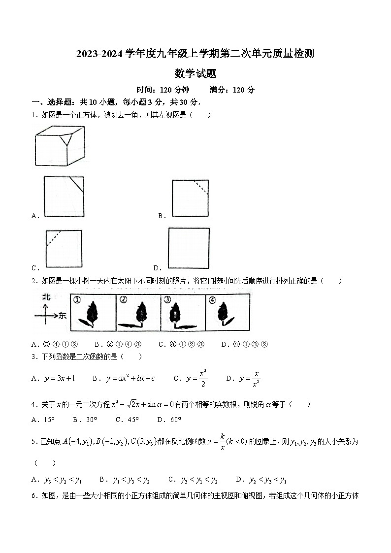 山东省枣庄市滕州市滕州育才中学2023-2024学年九年级上学期12月月考数学试题(无答案)01