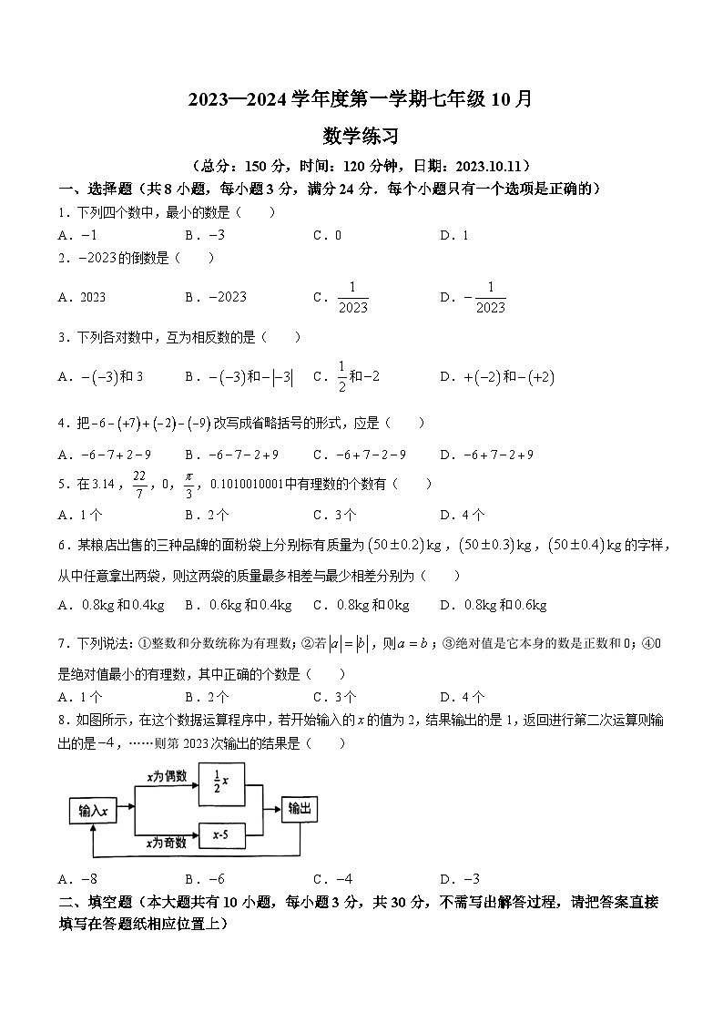 江苏省宿迁市沭阳县怀文中学2023-2024学年七年级上学期11月月考数学试题01
