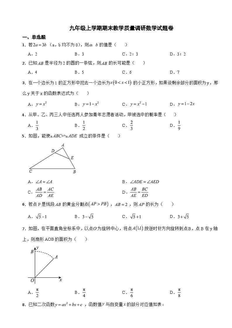 浙江省杭州市2023年九年级上学期期末教学质量调研数学试题卷附答案第1页