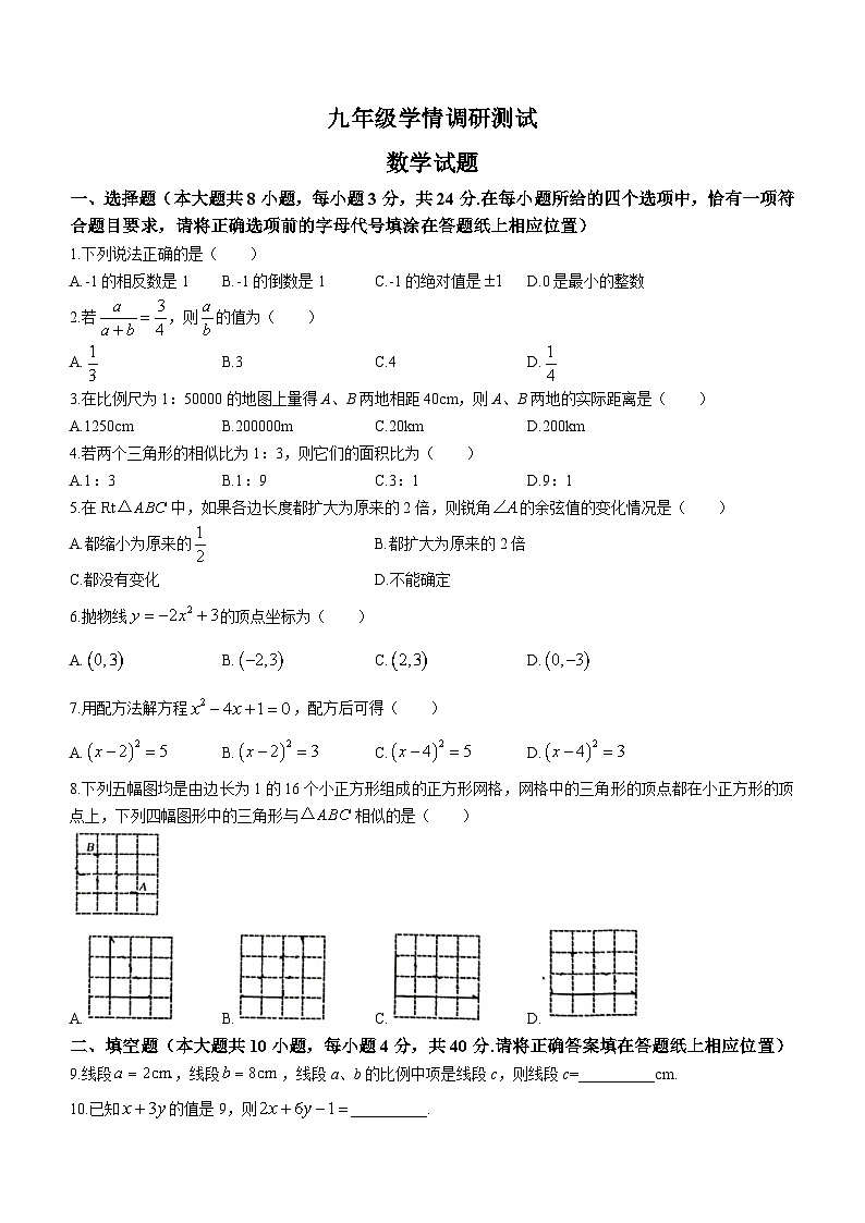 江苏省徐州市沛县2023-2024学年九年级上学期12月月考数学试题(无答案)01