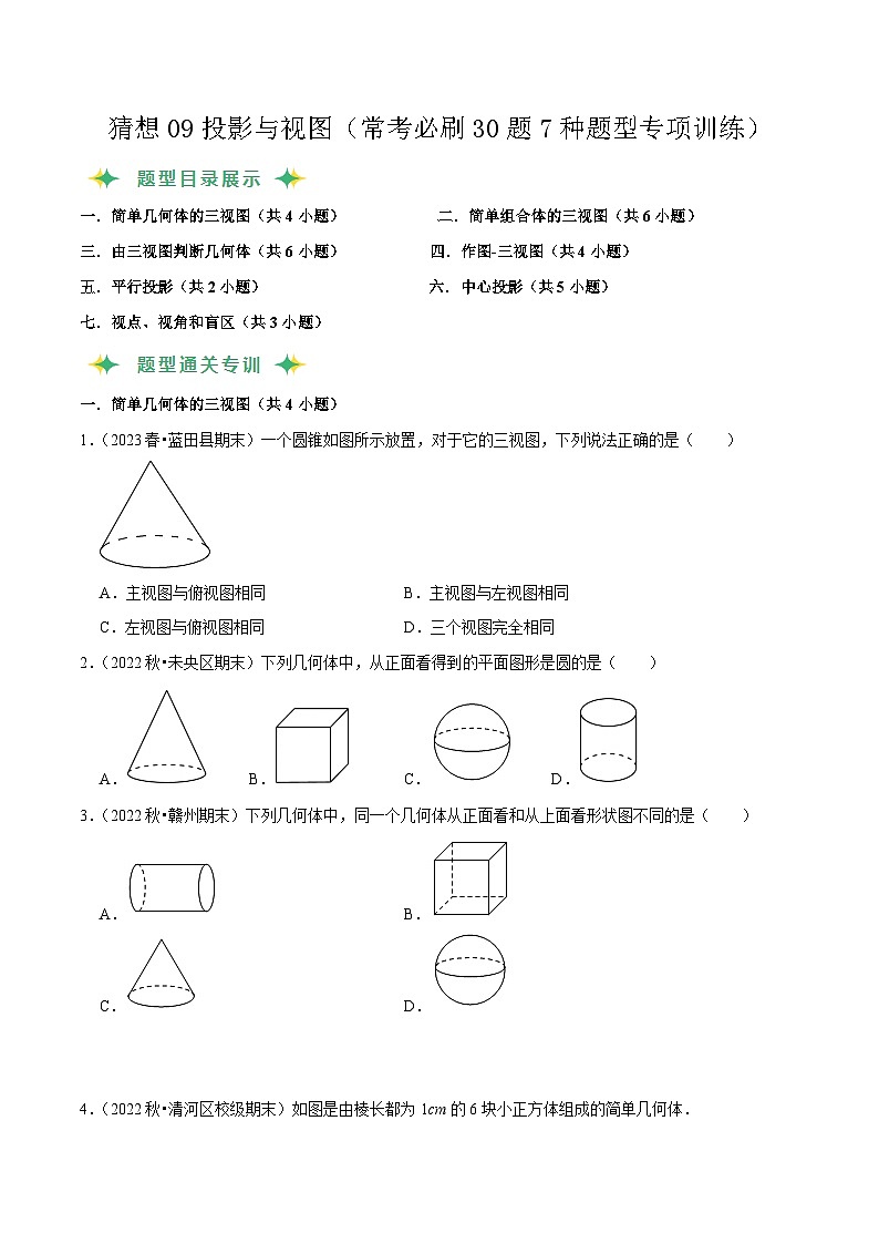 预测09投影与视图（常考必刷30题7种题型专项训练）-2023-2024学年九年级数学上学期期末考点预测（人教版）01