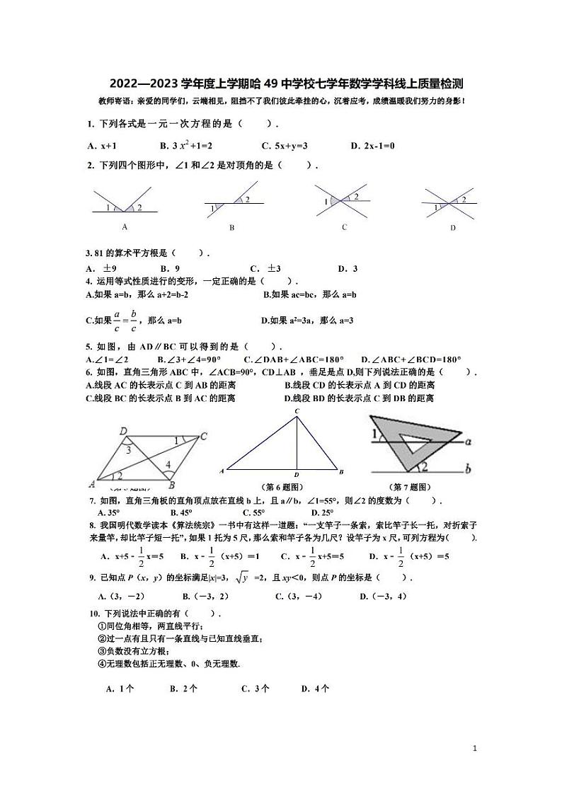 黑龙江省哈尔滨市香坊区第四十九中学校2022-2023学年 上学期七年级期中线上质量检测数学(五四制)学科试卷01