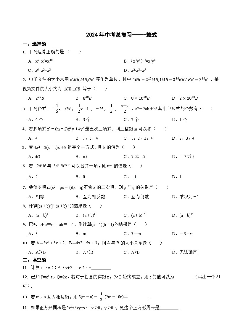 2024年中考数学总复习专题卷-整式（第二卷）第1页