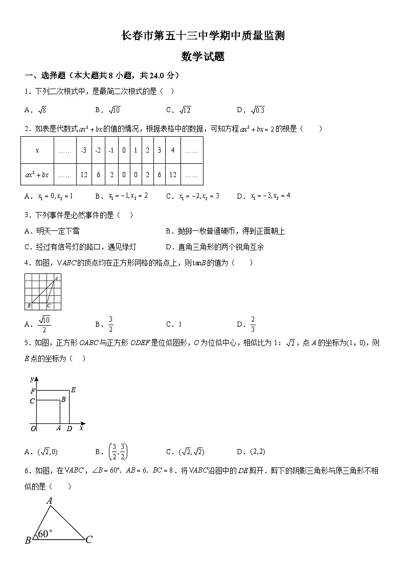 吉林省长春市二道区第五十三中学2023-2024学年九年级上册期中数学试题（含解析）01