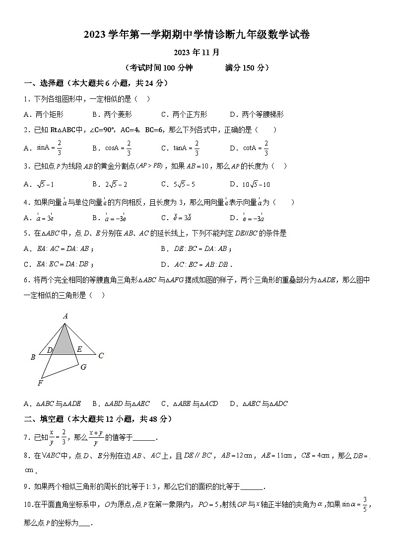 上海市罗星中学2023-2024学年九年级上册期中数学试题（含解析）第1页