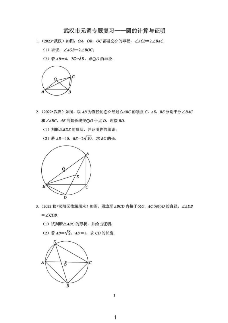 2023武汉市元月调考数学专题复习——圆的计算与证明无答案01