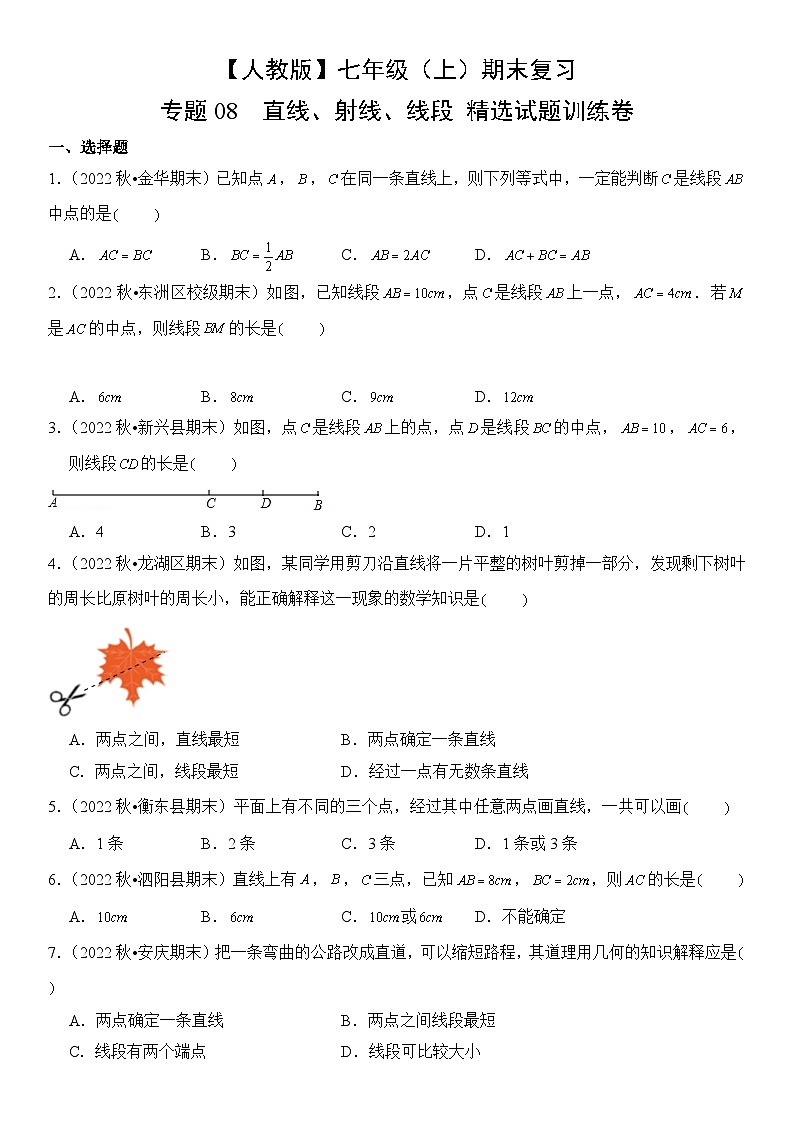 【期末复习】人教版 初中数学 2023-2024学年 七年级上册 期末专题复习 专题08 直线、射线、线段  精选试题训练卷（含解析）01