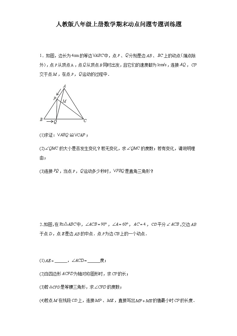 【期中复习】人教版 初中数学八年级上册数学期末动点问题专题训练题（含解析）第1页