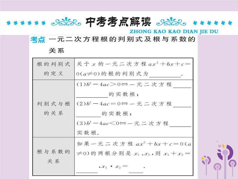 中考数学总复习第二章第二节一元二次方程及其应用第2课时一元二次方程根的判别式及根与系数的关系课件02