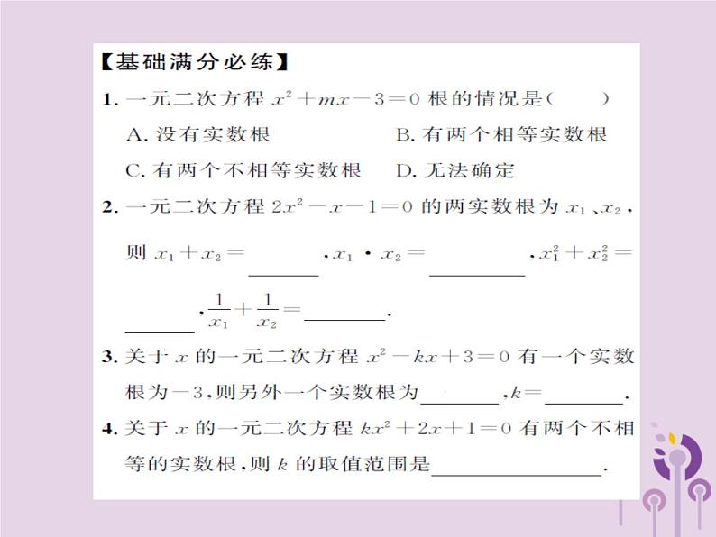 中考数学总复习第二章第二节一元二次方程及其应用第2课时一元二次方程根的判别式及根与系数的关系课件03