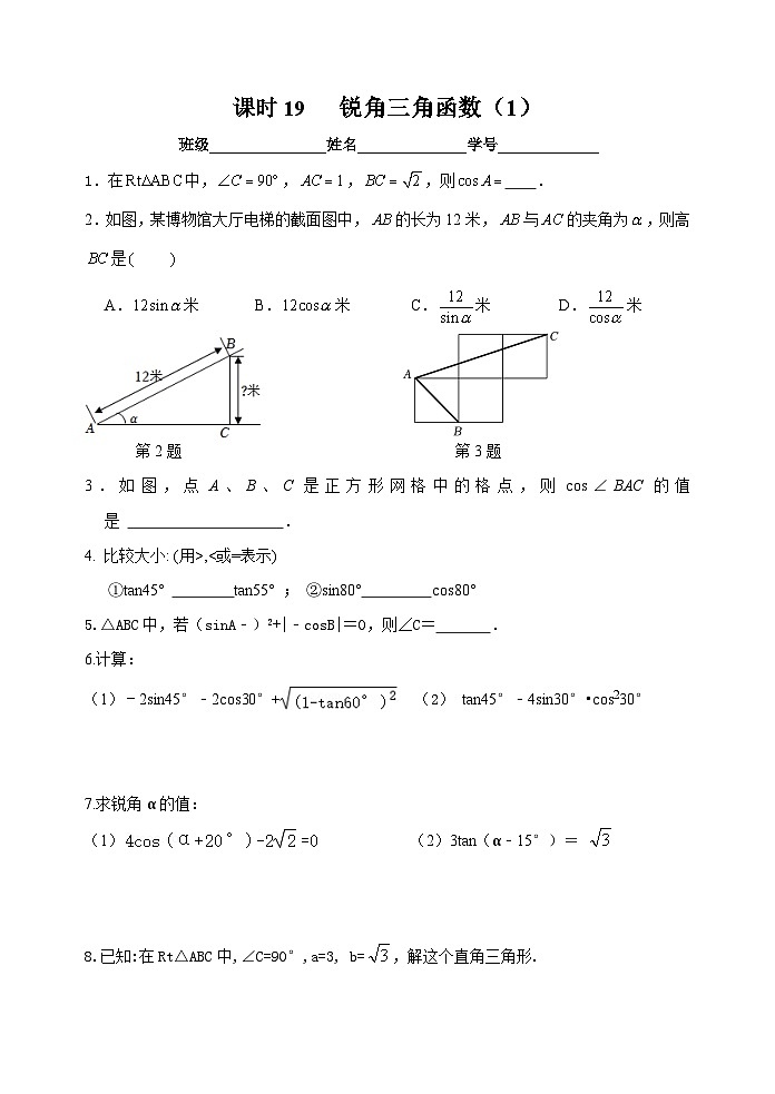 课时19锐角三角函数-2023-2024学年九年级中考数学第一轮复习练习第1页