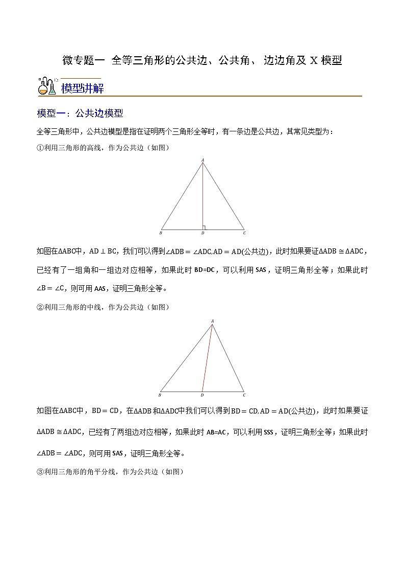第04讲 微专题一 全等三角形的公共边、公共角、边边角及X模型（学生版）-数学八上同步精品讲义（苏科版）01