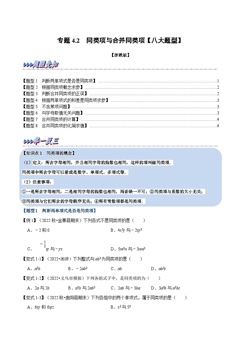 专题4.2 同类项与合并同类项【八大题型】（学生版）-2023年七年级上册数学举一反三系列（浙教版）第1页