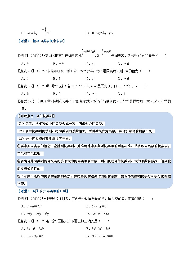 专题4.2 同类项与合并同类项【八大题型】（学生版）-2023年七年级上册数学举一反三系列（浙教版）第2页