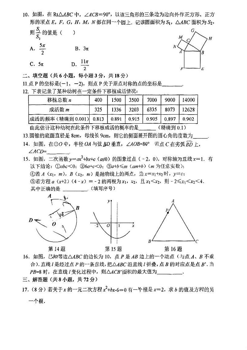 湖北省武汉市二中广雅中学2023-—2024学年上学期九年级月考数学试卷02