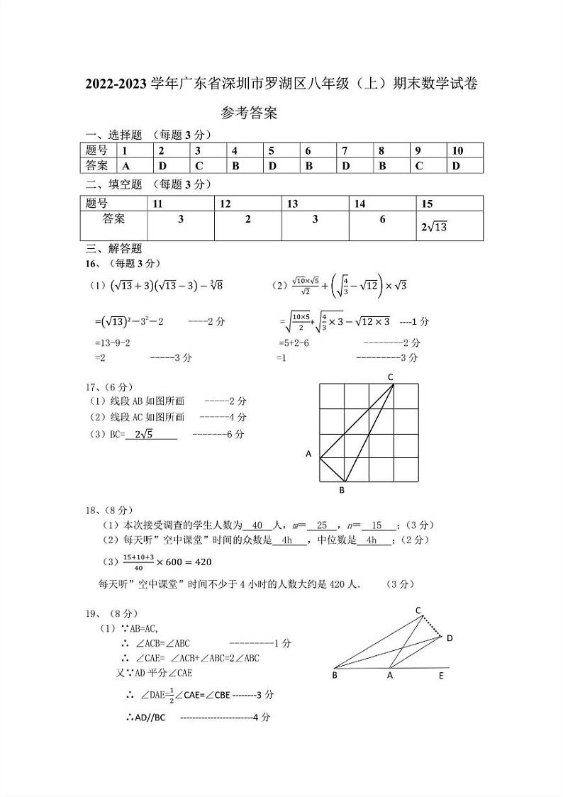 2022-2023深圳罗湖区八年级（上）期末数学答案第1页