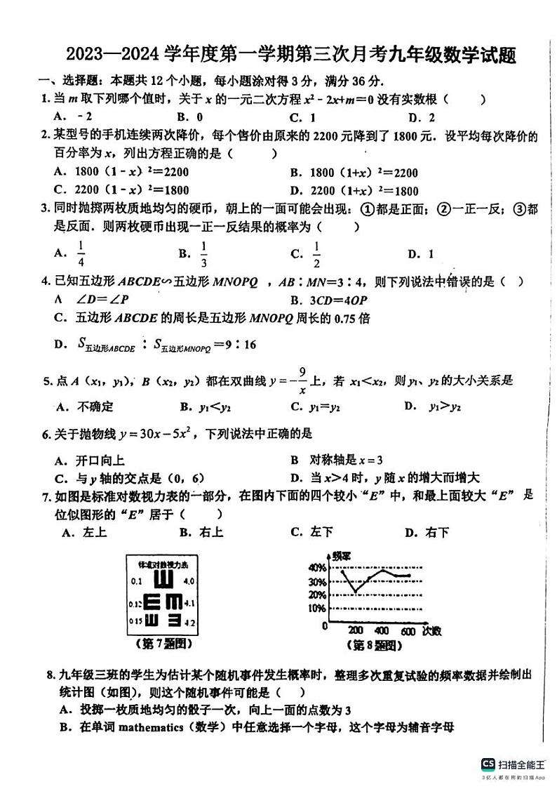 山东省滨州市邹平市魏桥实验学校2023-2024学年上学期第三次月考九年级数学试题01