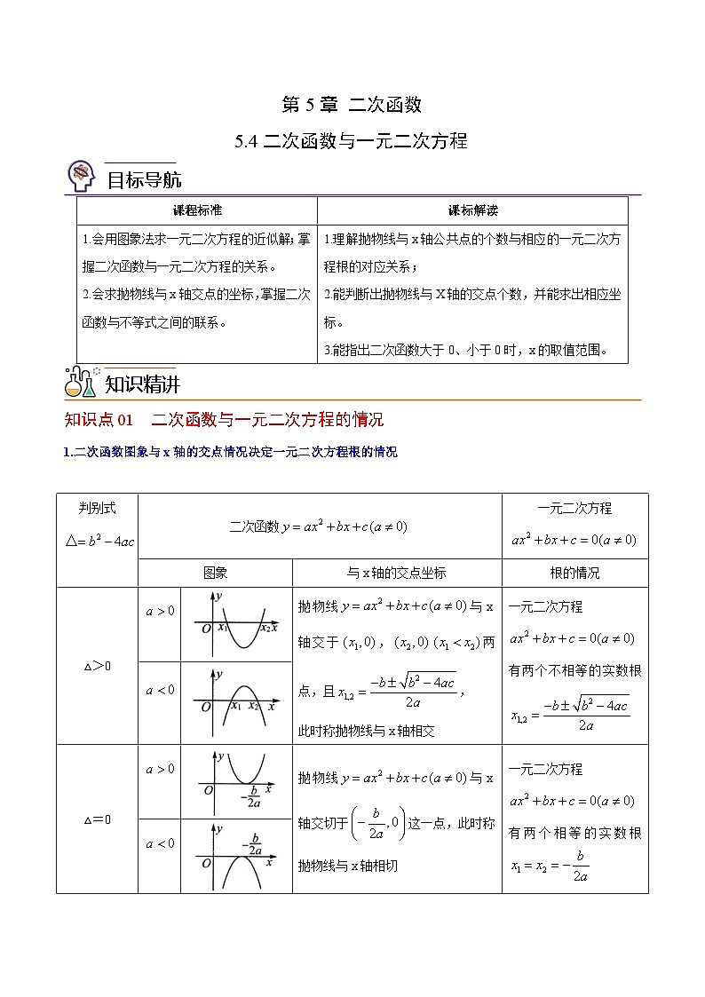 苏教版九年级数学下册同步精品讲义 第04讲 二次函数与一元二次方程（学生版+解析版）01