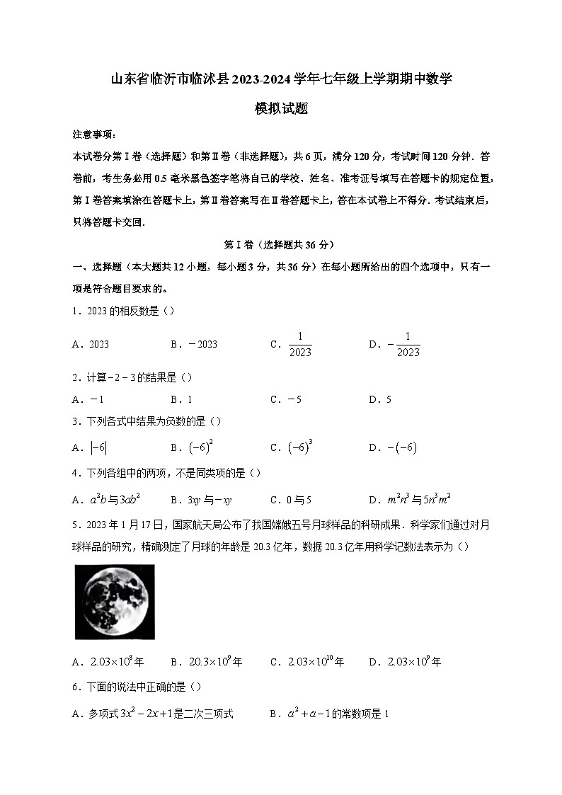 山东省临沂市临沭县2023-2024学年七年级上学期期中数学模拟试题（含答案）第1页