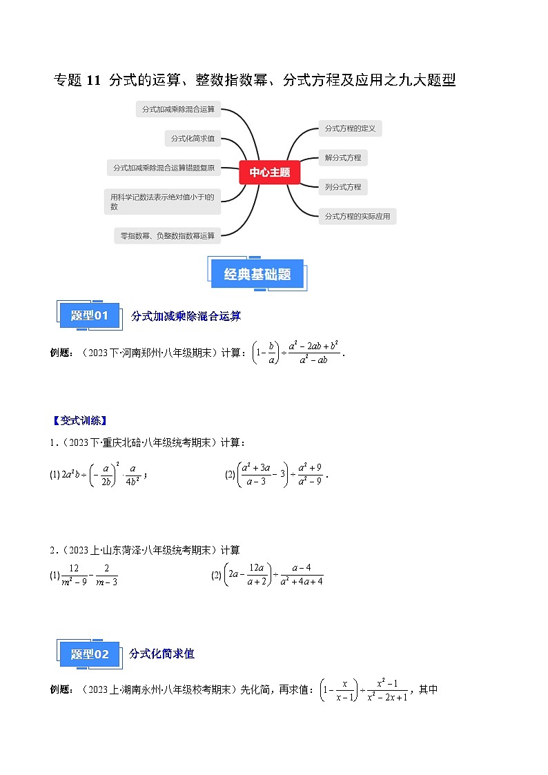 专题11 分式的运算、整数指数幂、分式方程及应用之九大题型（原卷版）第1页