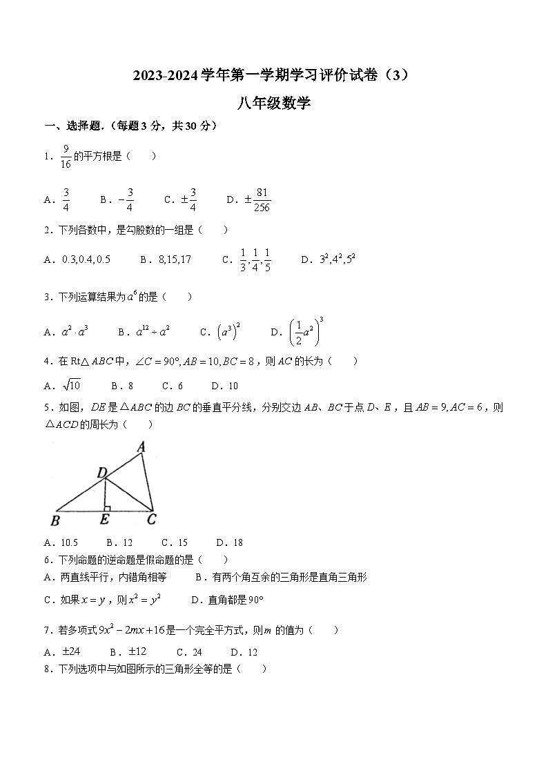 河南省周口市郸城县2023-2024学年八年级上学期12月月考数学试题01