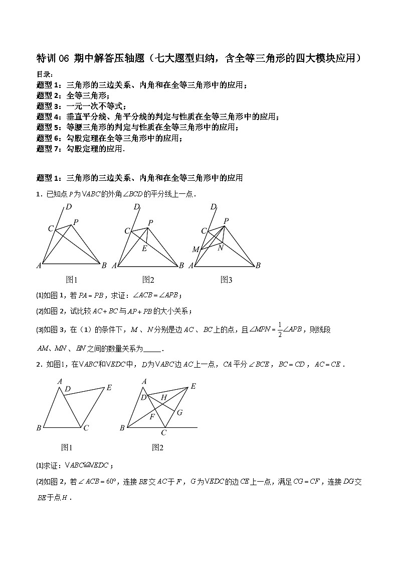 特训06 期中解答压轴题（七大题型归纳，含全等三角形的四大模块应用）（原卷版）第1页