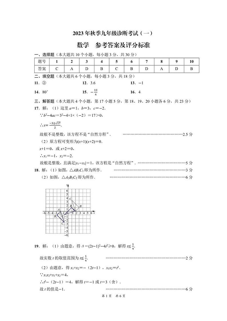 （岳池县）2023年秋季九年级诊断考试（一）-数学-参考答案第1页
