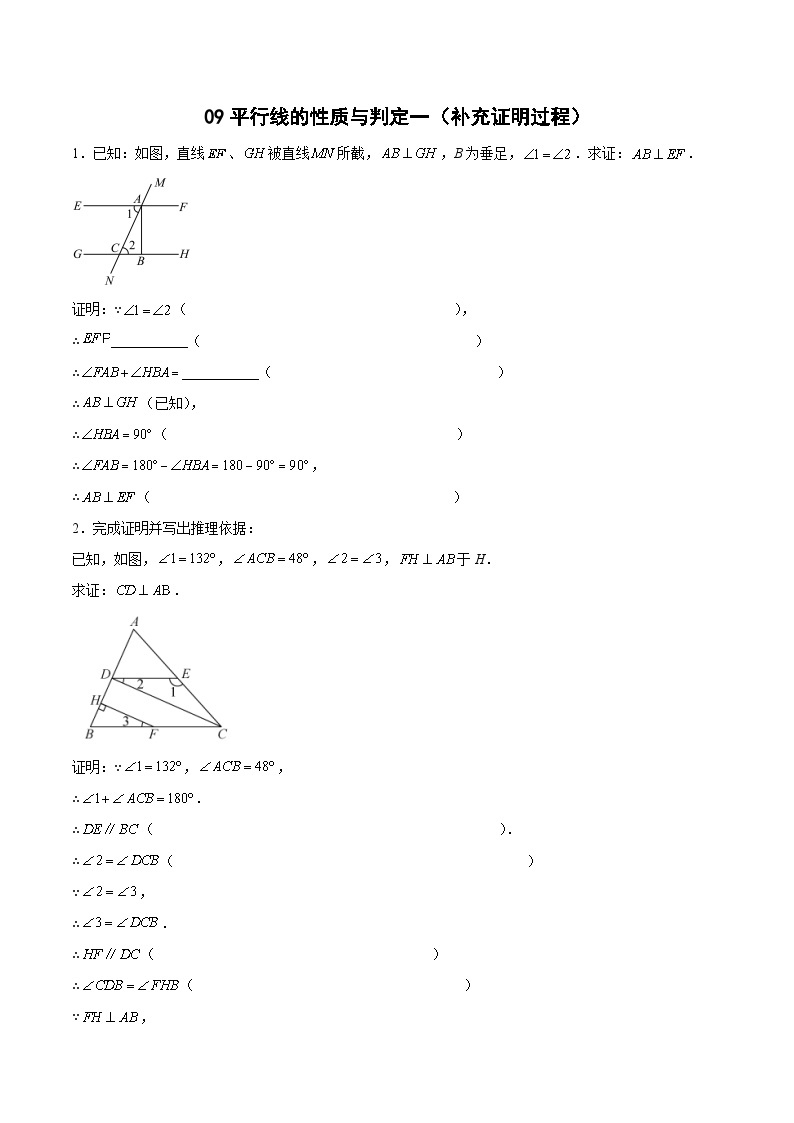 专题09 平行线的性质与判定一（补充证明过程）-2023-2024学年七年级数学上册期末选填解答压轴题必刷专题训练（华师大版）01