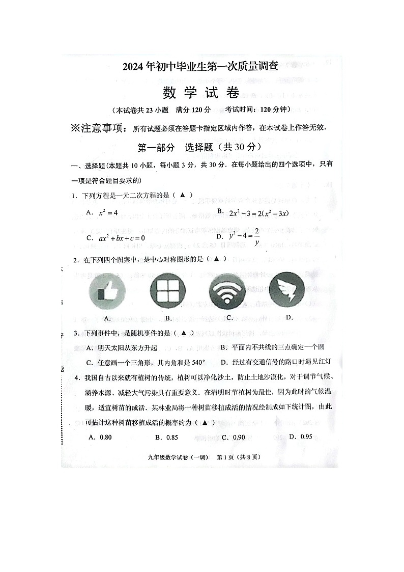 2024年辽宁省抚顺市顺城区中考一模数学试卷+01