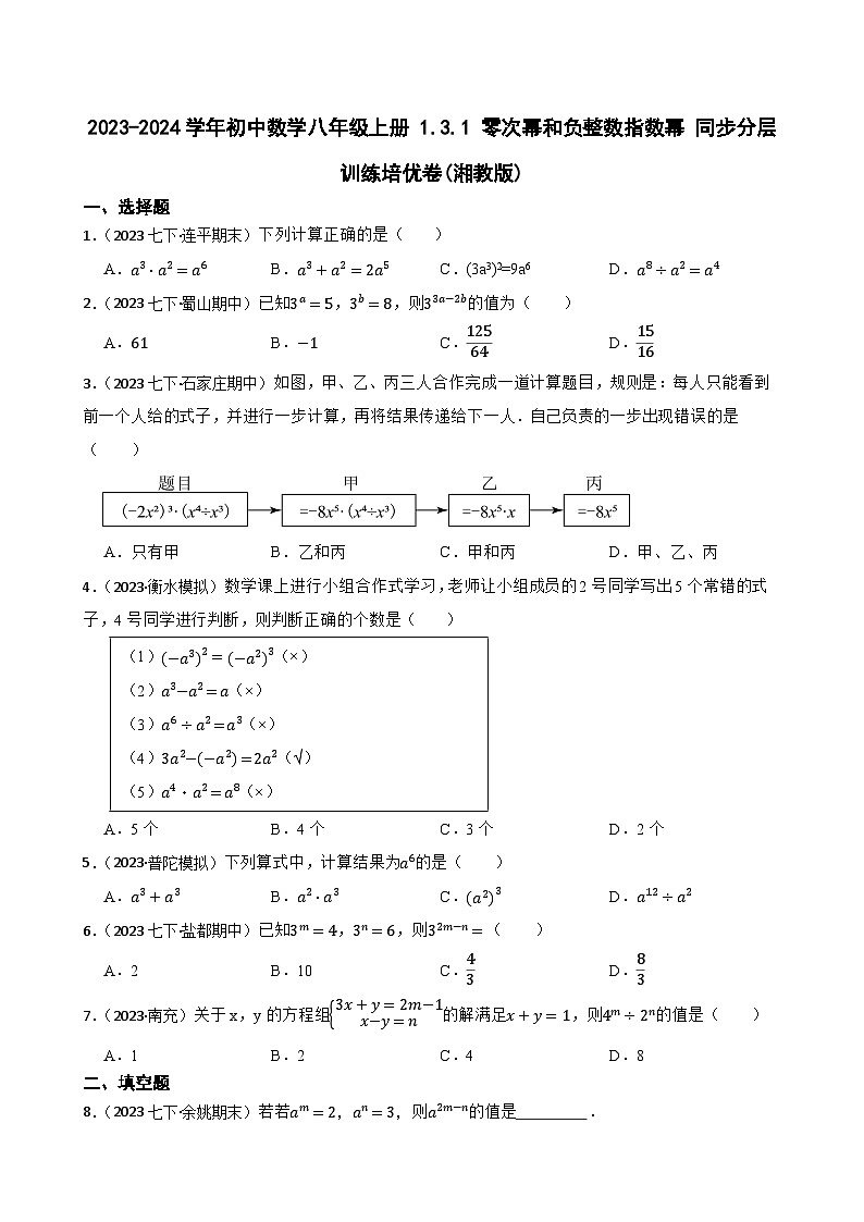 【课时练】(湘教版) 2023-2024学年初中数学八年级上册 1.3.1 零次幂和负整数指数幂 同步分层训练培优卷(学生版)第1页