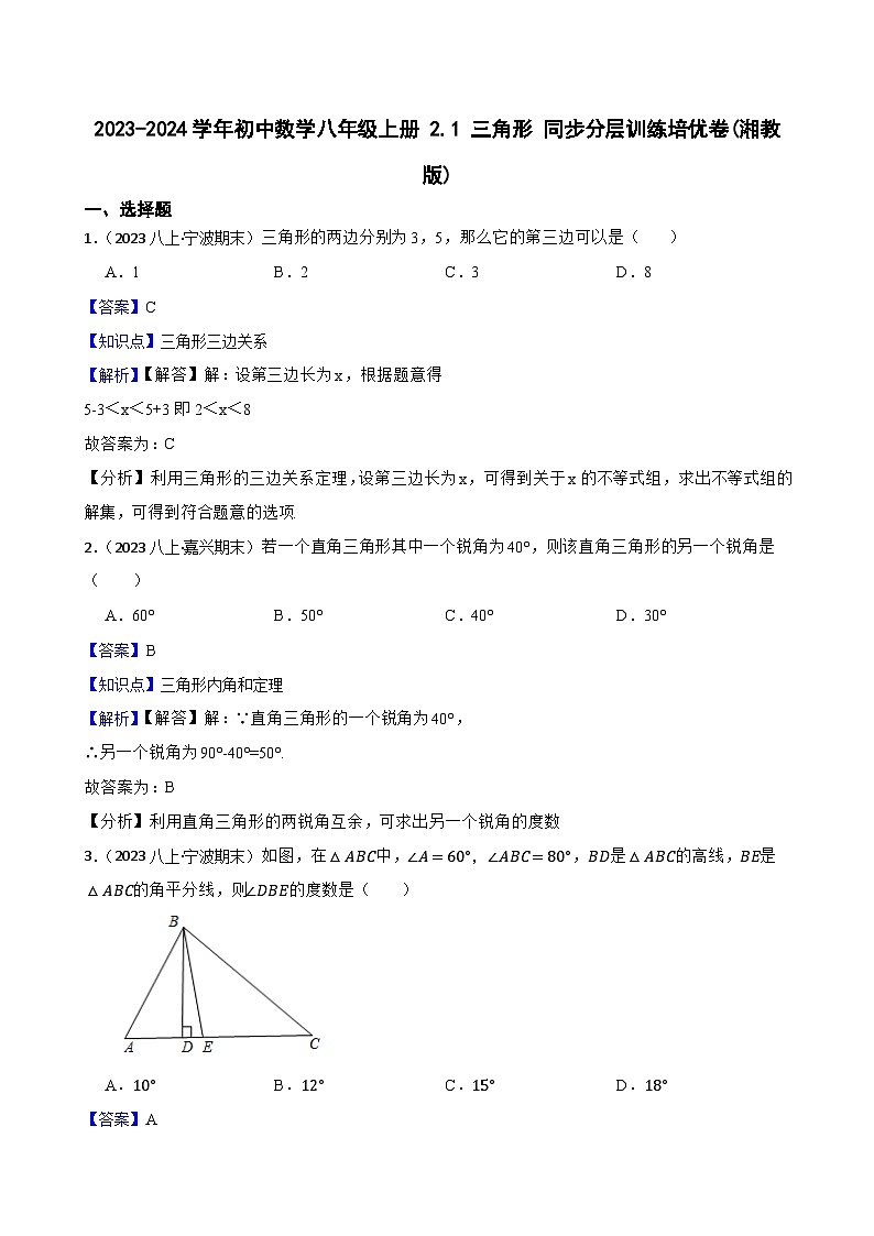 【课时练】(湘教版) 2023-2024学年初中数学八年级上册 2.1 三角形 同步分层训练培优卷01