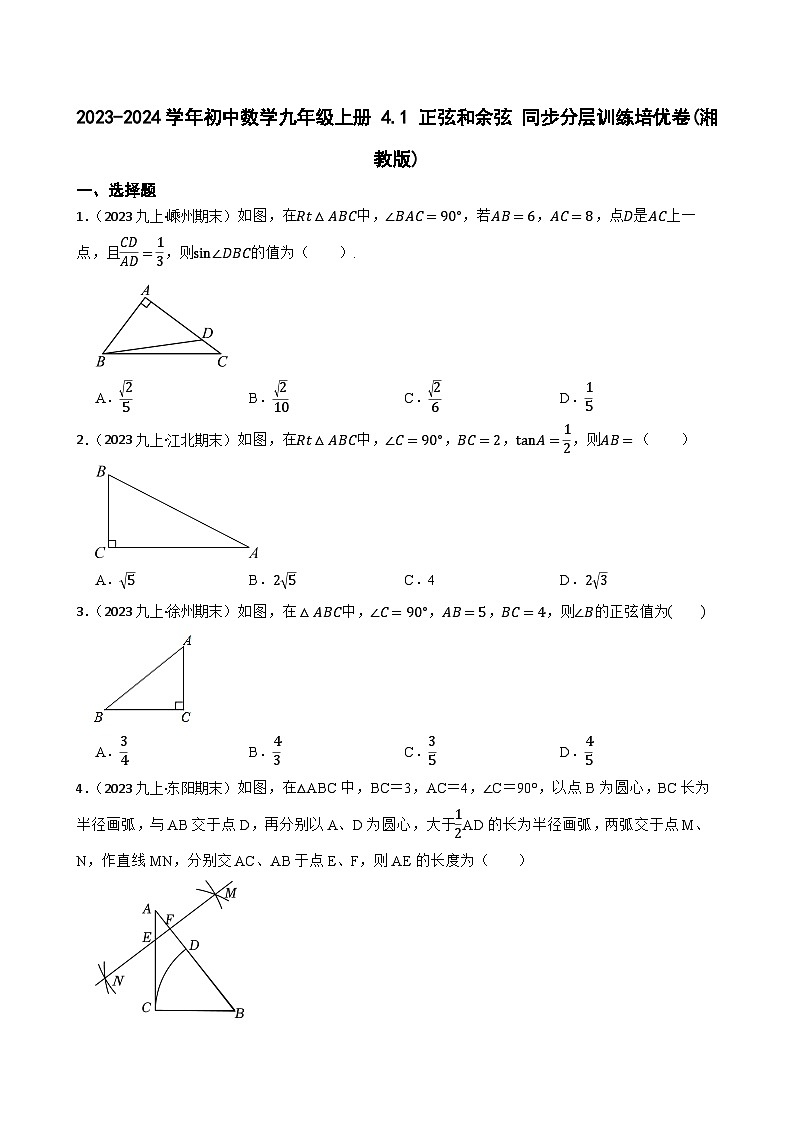 【课时练】(湘教版) 2023-2024学年初中数学九年级上册 4.1 正弦和余弦 同步分层训练培优卷01