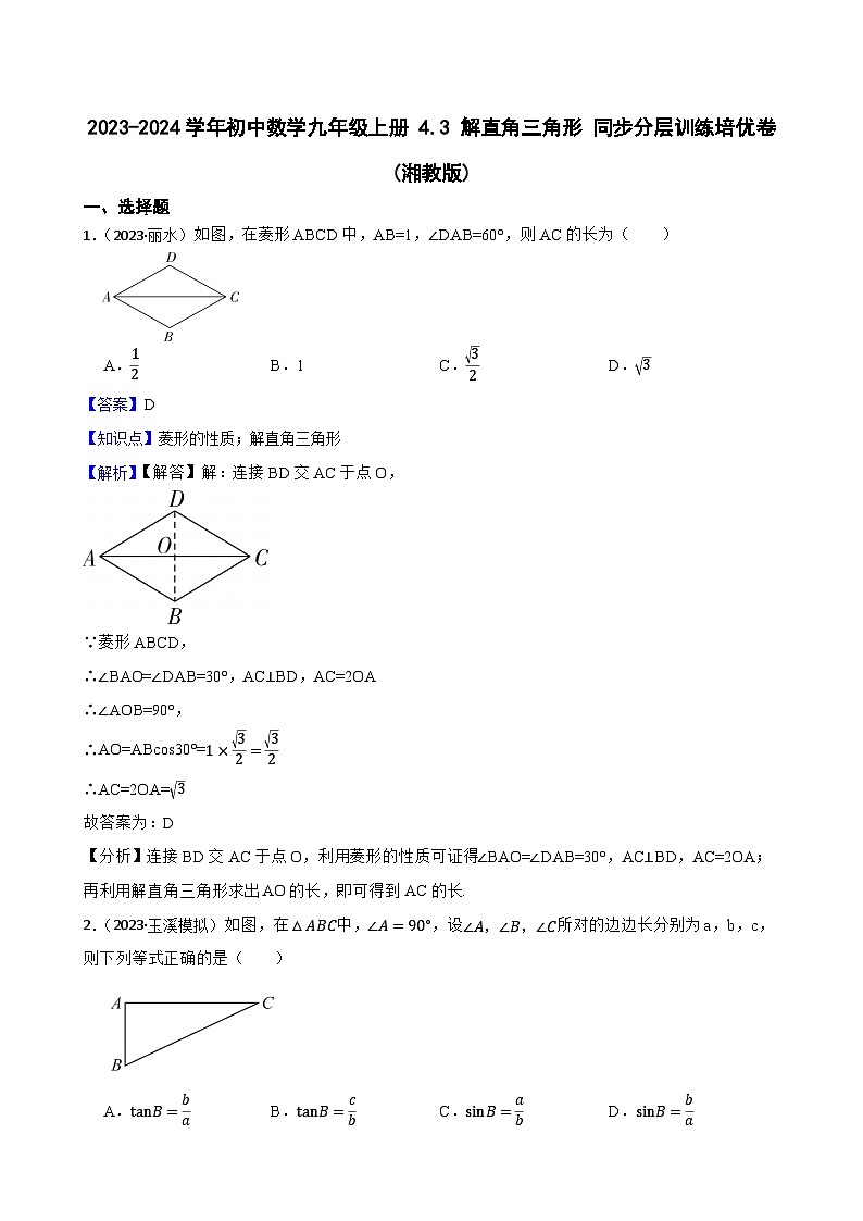 【课时练】(湘教版) 2024学年初中数学湘教版九年级上册 4.3 解直角三角形 同步分层训练培优卷01