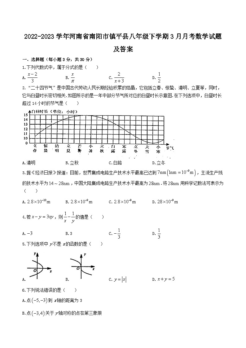 2022-2023学年河南省南阳市镇平县八年级下学期3月月考数学试题及答案第1页