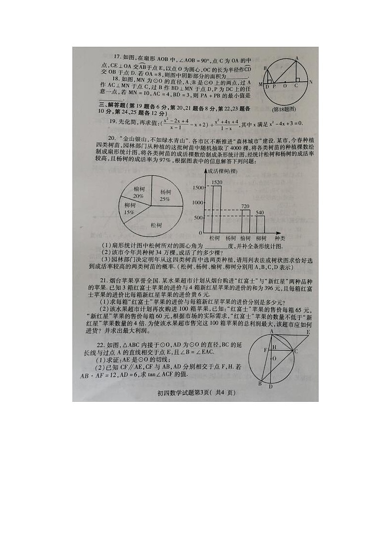 山东省招远市2021届九年级中考模拟考试数学试题（图片版）第3页