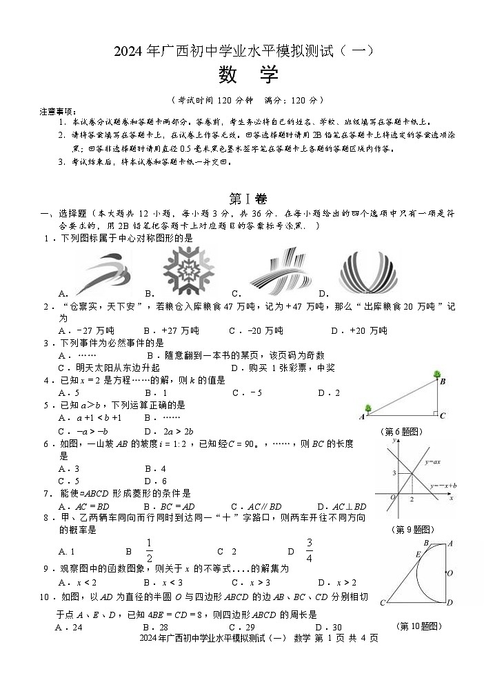 2024 年广西初中学业水平数学模拟测试（一）第1页