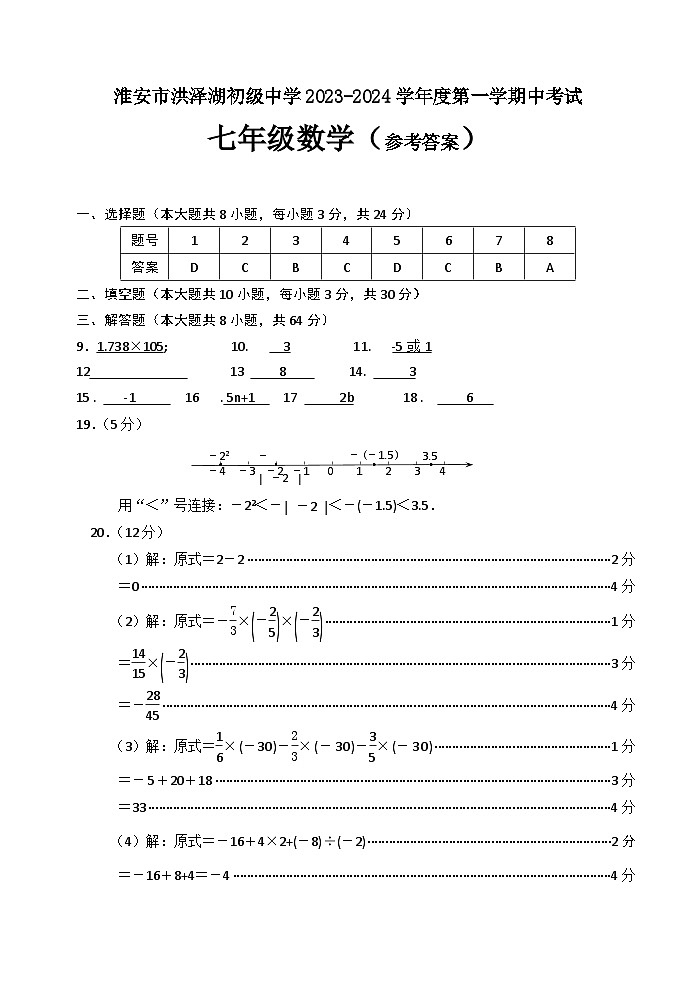 江苏省淮安市洪泽湖初级中学2023-2024学年七年级上学期期中考试数学试卷01