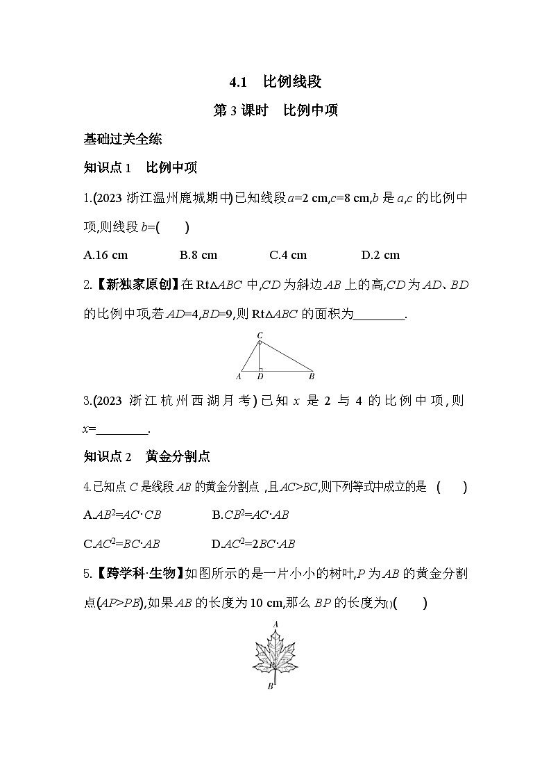 4.1.3 比例中项 浙教版数学九年级上册素养提升卷(含解析)01