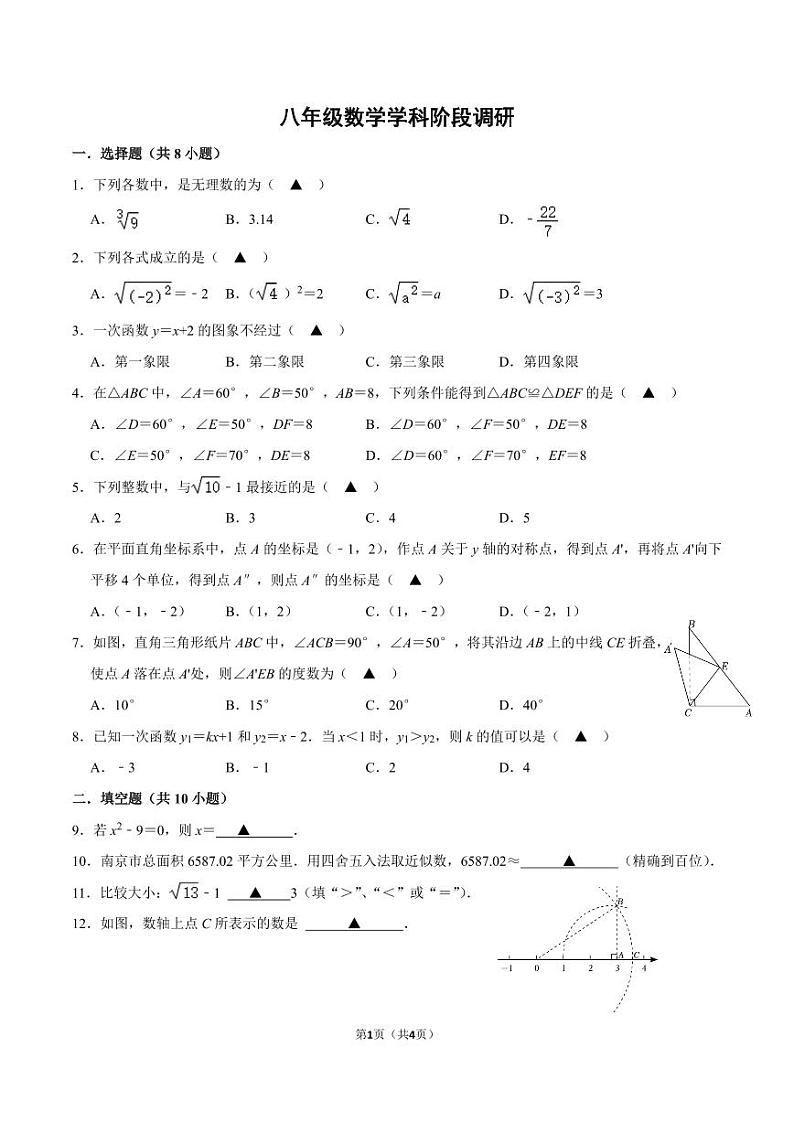 江苏省南京市江宁区南京师范大学附属中学江宁分校2023-2024学年八年级上学期12月学科阶段调研数学试卷（月考）01