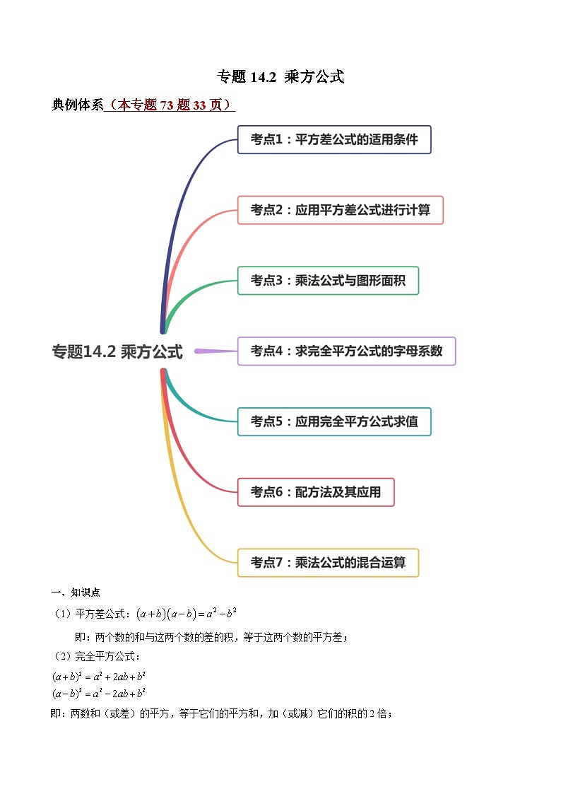 人教版八年级数学上册 专题14.2 乘法公式讲练（原卷版+解析版）01