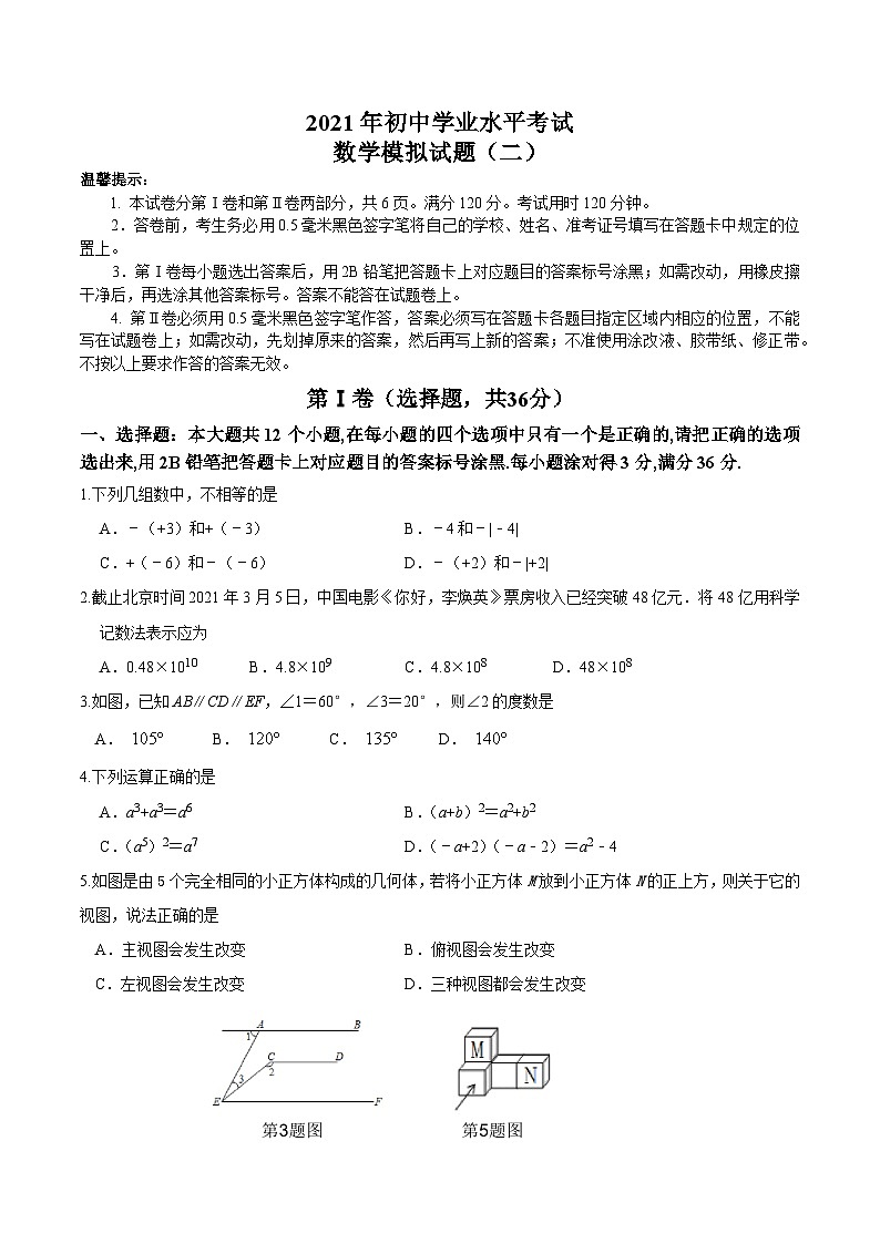 山东省惠民县2021年初中学业水平数学模拟试题（二）第1页