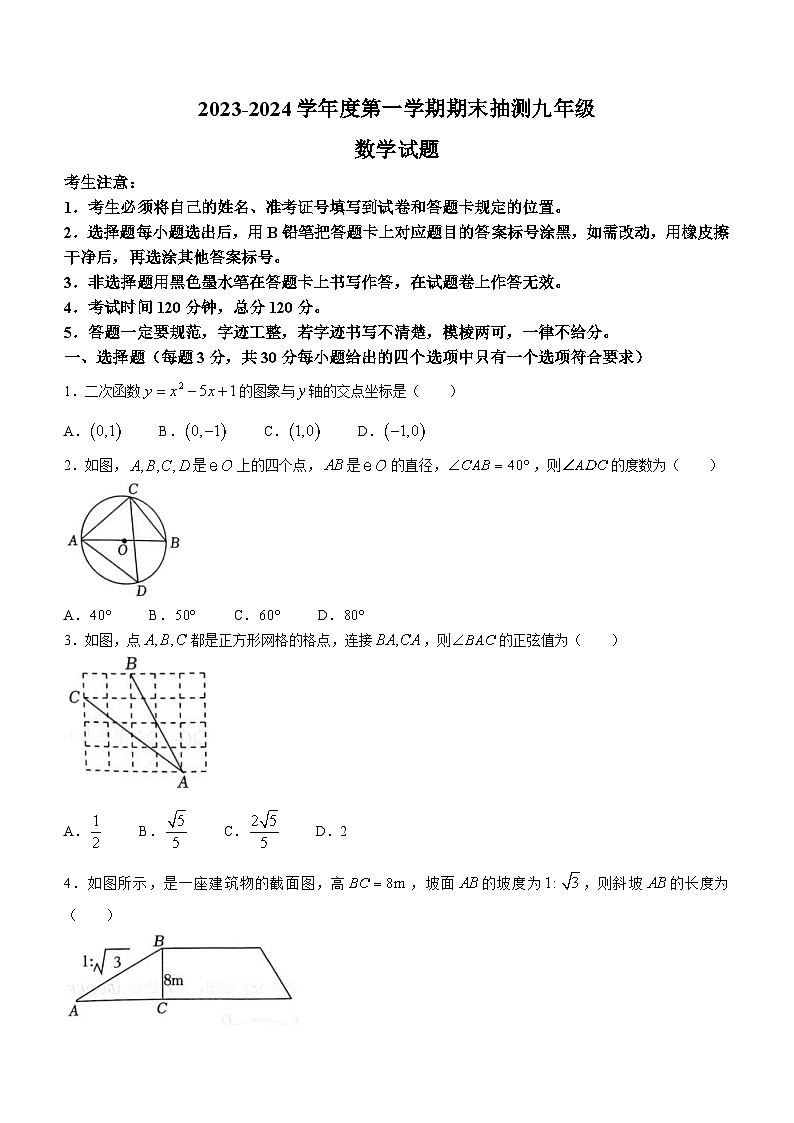 黑龙江省大庆市杜尔伯特蒙古族自治县2023-2024学年九年级上学期期末数学试题第1页