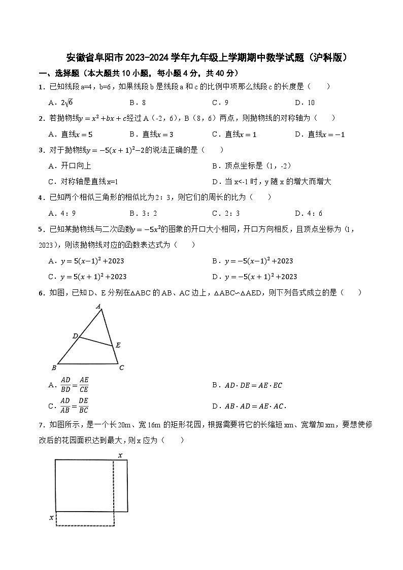 安徽省阜阳市2023-2024学年九年级上学期期中数学试题+01