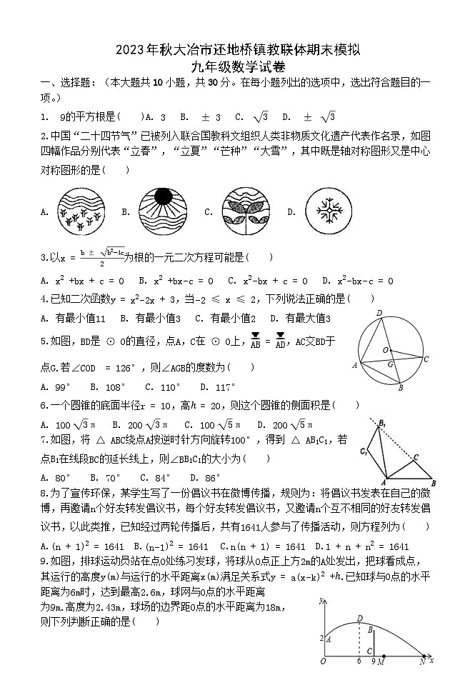 +湖北省黄石市大冶市还地桥镇教联体2023-2024学年九年级上学期期末模拟预测数学试题第1页