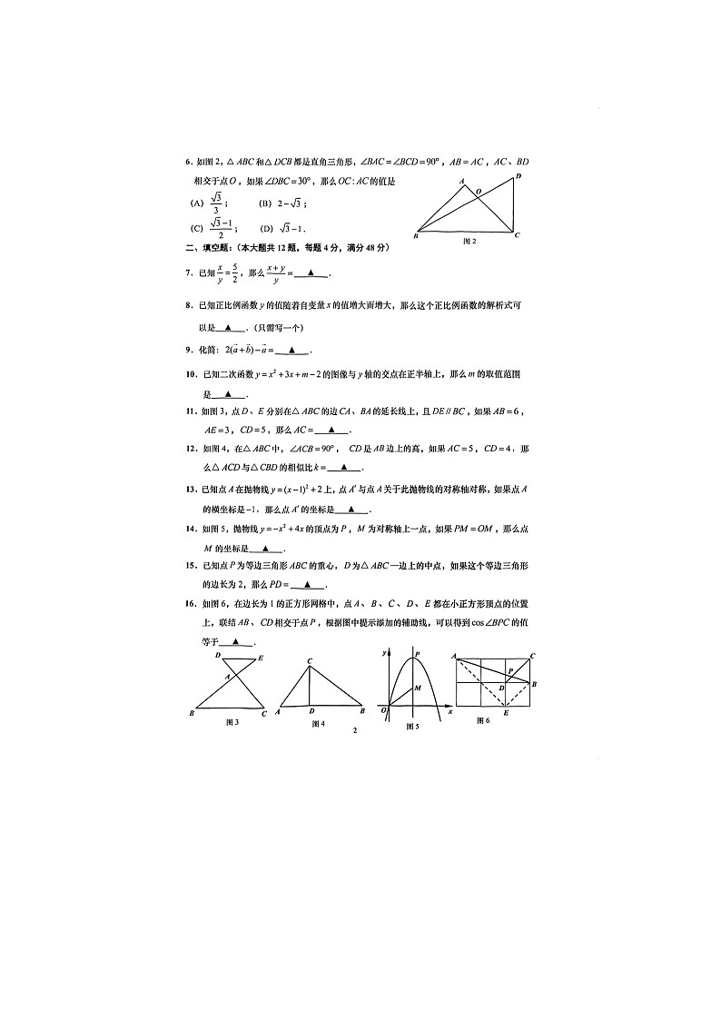 上海普陀区2023-2024学年上学期期末九年级自适应练习数学学科试题（一模）02