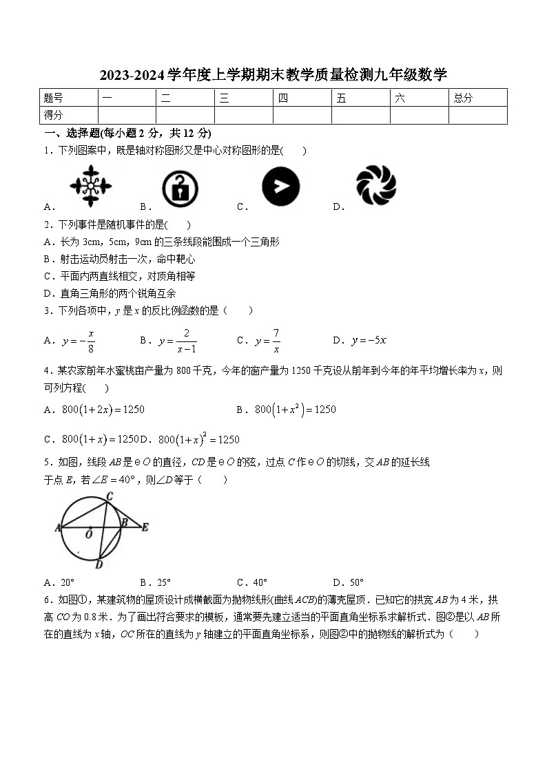 吉林省吉林市船营区第五中学2023-2024学年九年级上学期期末数学试题第1页